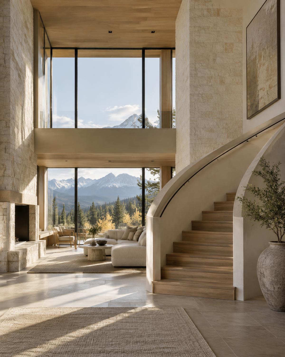 Stone and oak interior with a sculptural staircase and Colorado mountain views